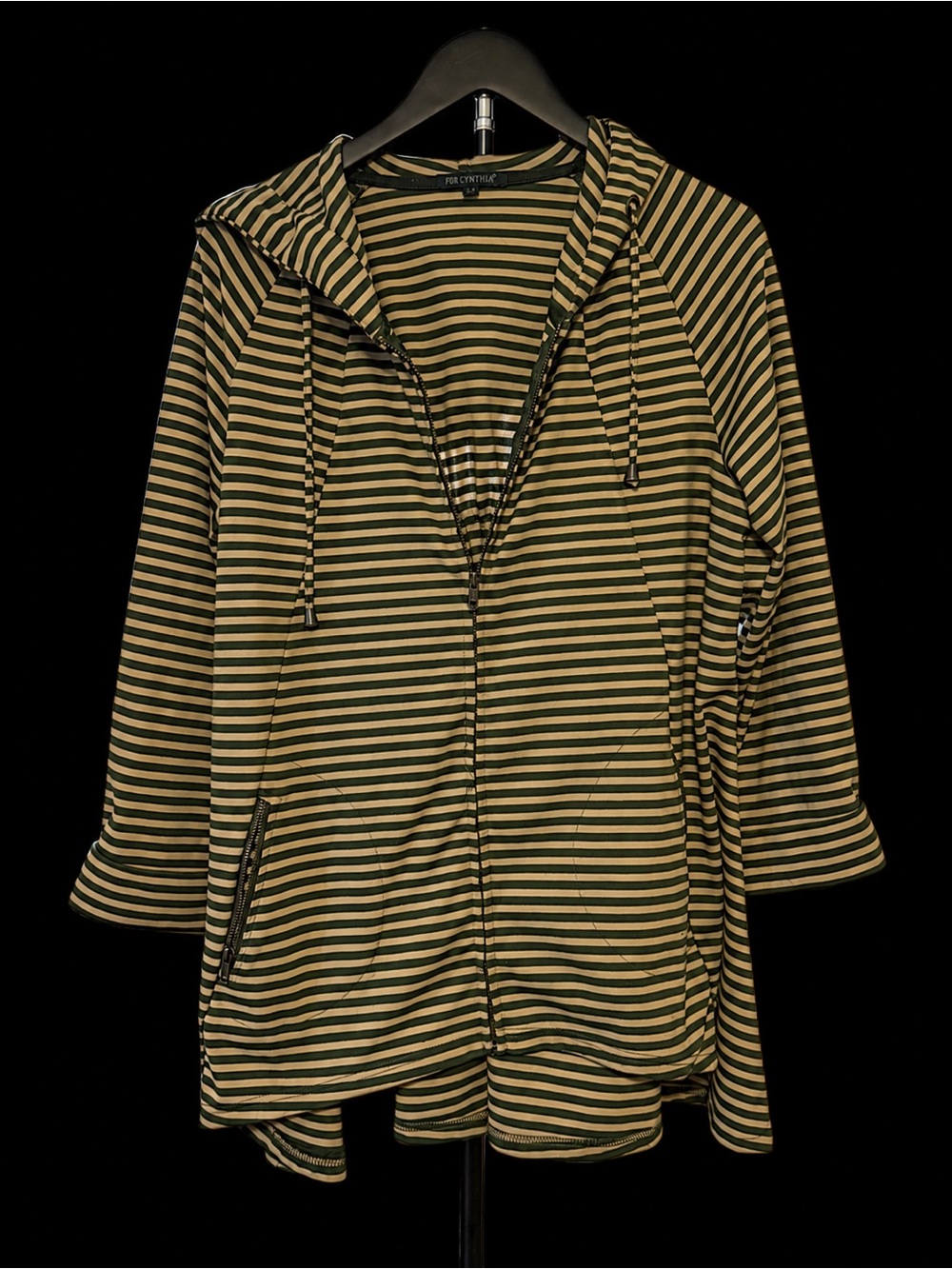FOR CYNTHIA Hooded Zip Jacket | Green Cream Stripe | Size Large